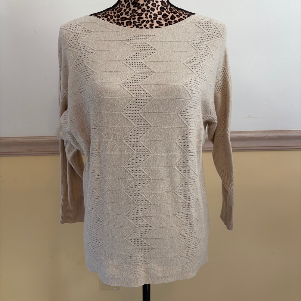 Vila Milano Womens Beige Chevron Pointelle Dolman Sleeve Boat Neck Sweater Med